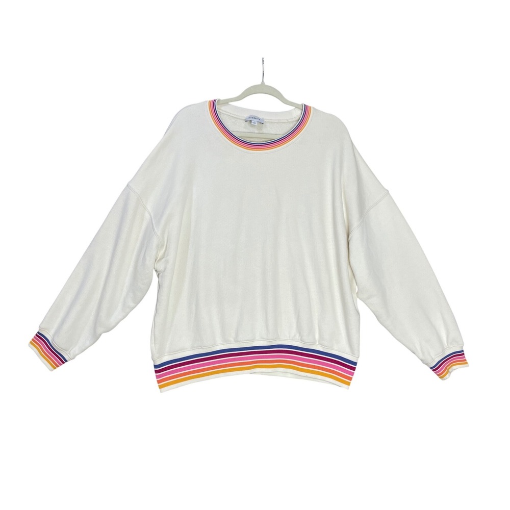 Evereve Cream & Rainbow Trim Baggy Oversized Crewneck Sweater Size Large Cozy
